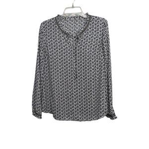 Talbots Crinkle Blouse Navy Grosgrain Ribbon Trim Tie Neck Birdcage Print Large